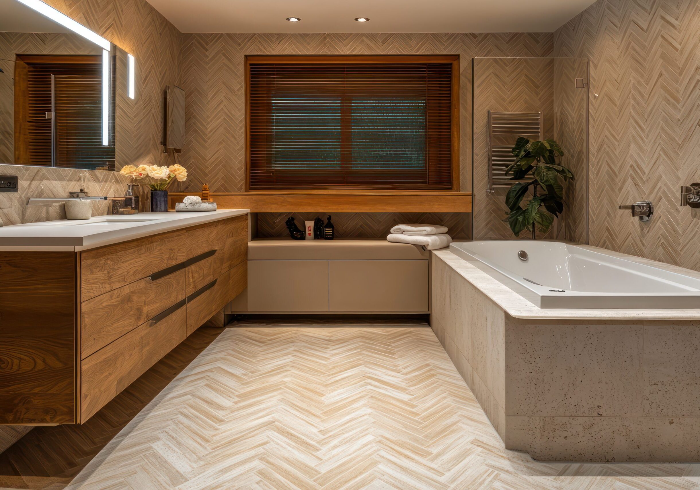 A luxury bathroom with a herringbone tile floor, a large freestanding tub, and a bespoke vanity unit.