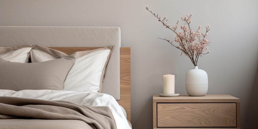 Modern house interior details. Simple cozy beige bedroom interior with bed headboard, linen bedding, bedside table and natural decorations, closeup. Ai generative.