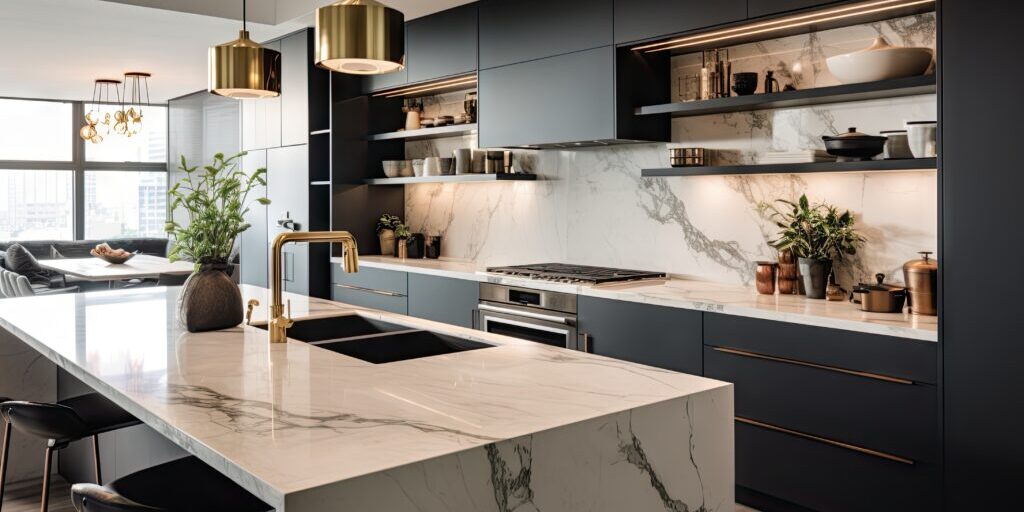 A contemporary, chic kitchen in Chicago featuring stylish black and white cabinets, golden fixtures, and marble tiles.