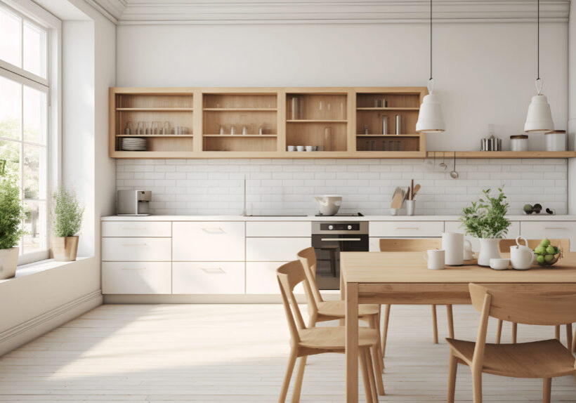 Empty minimalist kitchen with scandinavian style with wooden and white details, luxury kitchen interior in white tone