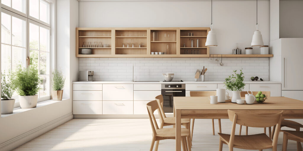 Empty minimalist kitchen with scandinavian style with wooden and white details, luxury kitchen interior in white tone