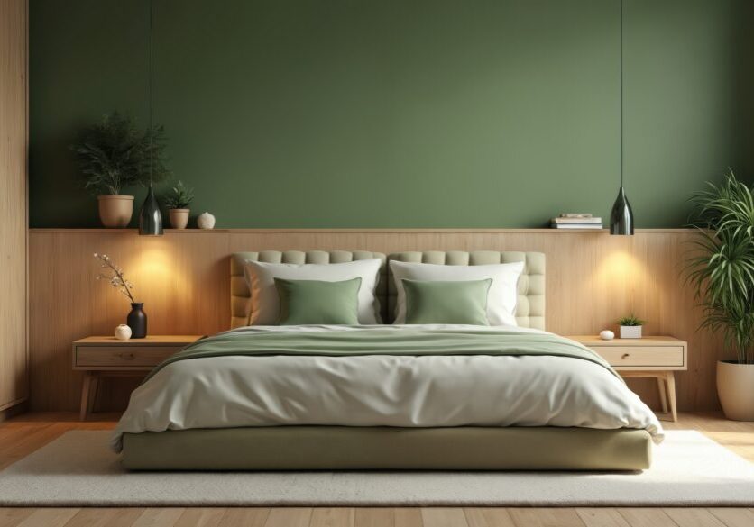 Stylish modern green bedroom interior design. Light wood furniture, bed, pillows, cozy atmosphere, plants. Bedroom decor elements, aesthetic design, wooden floor. Home decor concept room design for