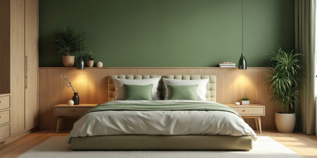 Stylish modern green bedroom interior design. Light wood furniture, bed, pillows, cozy atmosphere, plants. Bedroom decor elements, aesthetic design, wooden floor. Home decor concept room design for