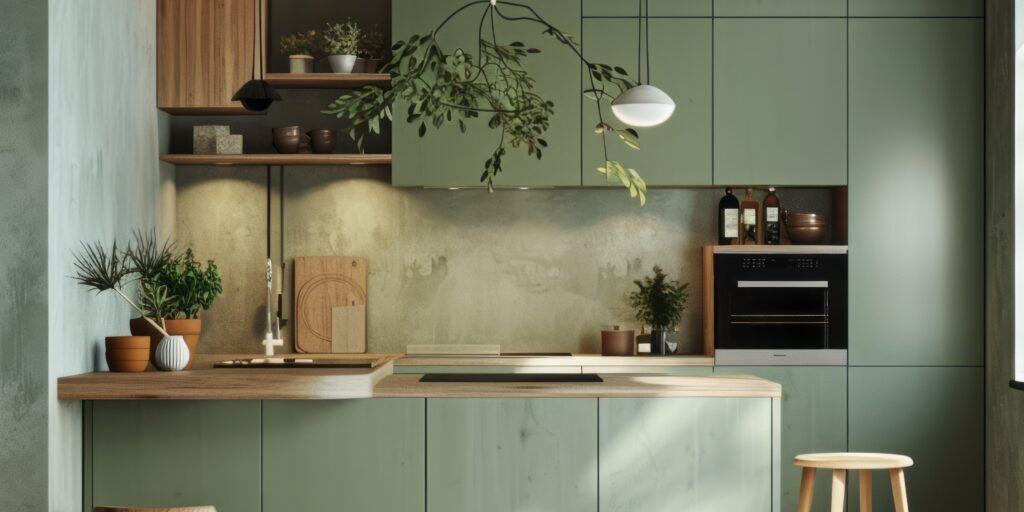 Modern green kitchen interior featuring sage green cabinets, light wood accents, and a central island
