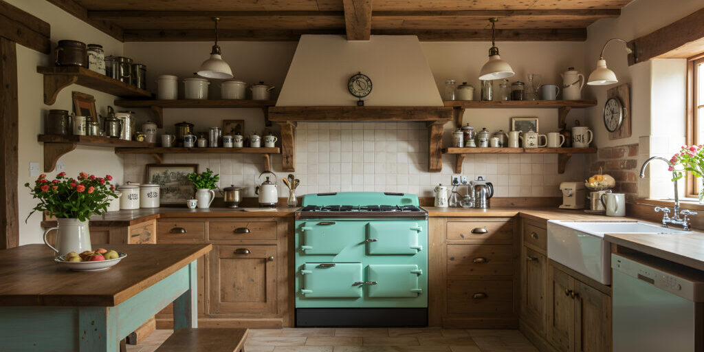A charming rustic kitchen featuring open wooden shelves adorned with vintage dishware and cooking utensils. The room is highlighted by a turquoise retro-style stove, complementing the overall warm and inviting atmosphere of the home.